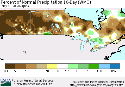 Canada Percent of Normal Precipitation 10-Day (WMO) Thematic Map For 5/11/2023 - 5/20/2023