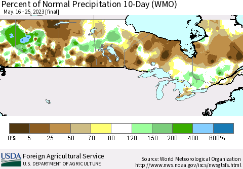 Canada Percent of Normal Precipitation 10-Day (WMO) Thematic Map For 5/16/2023 - 5/25/2023
