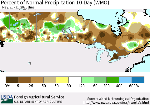 Canada Percent of Normal Precipitation 10-Day (WMO) Thematic Map For 5/21/2023 - 5/31/2023