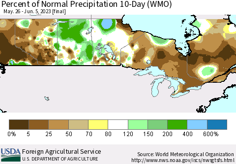 Canada Percent of Normal Precipitation 10-Day (WMO) Thematic Map For 5/26/2023 - 6/5/2023