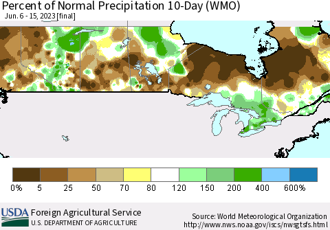 Canada Percent of Normal Precipitation 10-Day (WMO) Thematic Map For 6/6/2023 - 6/15/2023