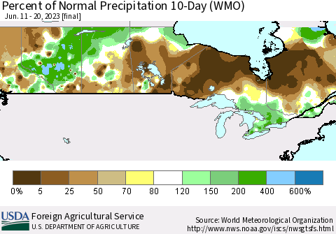 Canada Percent of Normal Precipitation 10-Day (WMO) Thematic Map For 6/11/2023 - 6/20/2023