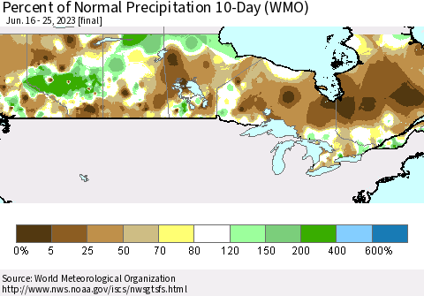 Canada Percent of Normal Precipitation 10-Day (WMO) Thematic Map For 6/16/2023 - 6/25/2023