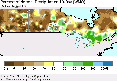 Canada Percent of Normal Precipitation 10-Day (WMO) Thematic Map For 6/21/2023 - 6/30/2023