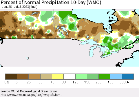 Canada Percent of Normal Precipitation 10-Day (WMO) Thematic Map For 6/26/2023 - 7/5/2023