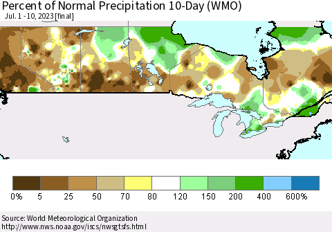 Canada Percent of Normal Precipitation 10-Day (WMO) Thematic Map For 7/1/2023 - 7/10/2023