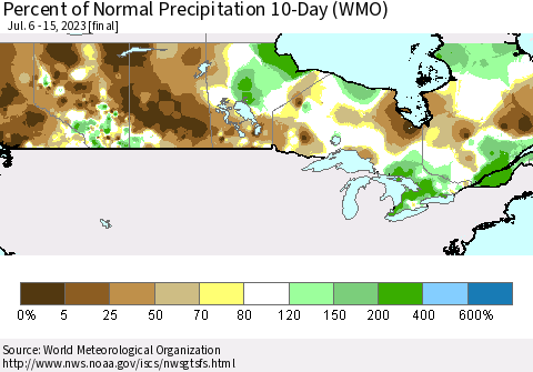 Canada Percent of Normal Precipitation 10-Day (WMO) Thematic Map For 7/6/2023 - 7/15/2023