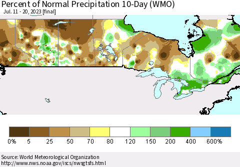 Canada Percent of Normal Precipitation 10-Day (WMO) Thematic Map For 7/11/2023 - 7/20/2023
