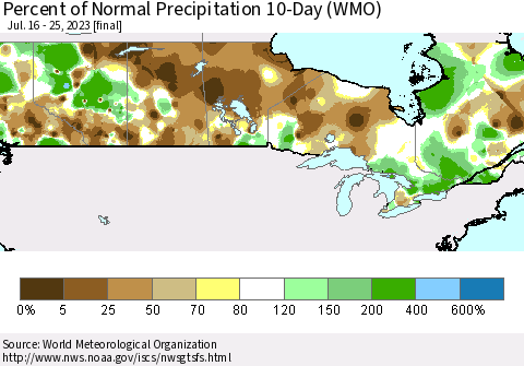 Canada Percent of Normal Precipitation 10-Day (WMO) Thematic Map For 7/16/2023 - 7/25/2023