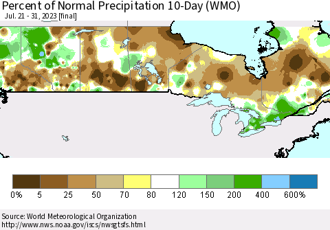 Canada Percent of Normal Precipitation 10-Day (WMO) Thematic Map For 7/21/2023 - 7/31/2023
