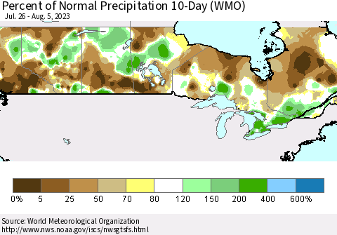 Canada Percent of Normal Precipitation 10-Day (WMO) Thematic Map For 7/26/2023 - 8/5/2023