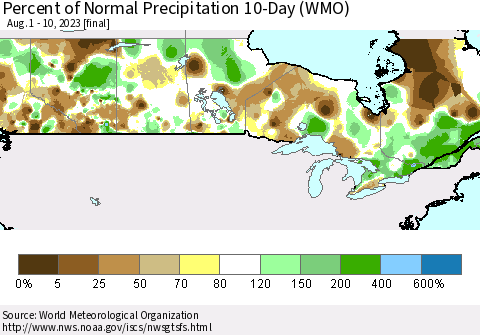 Canada Percent of Normal Precipitation 10-Day (WMO) Thematic Map For 8/1/2023 - 8/10/2023
