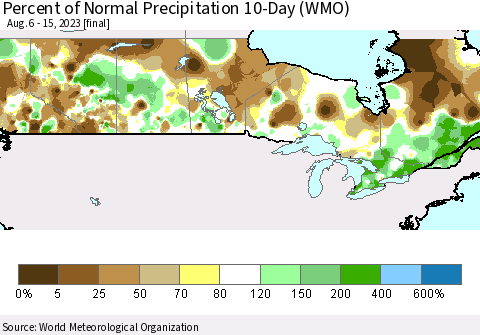 Canada Percent of Normal Precipitation 10-Day (WMO) Thematic Map For 8/6/2023 - 8/15/2023