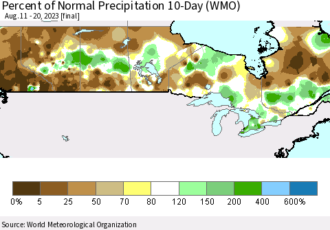 Canada Percent of Normal Precipitation 10-Day (WMO) Thematic Map For 8/11/2023 - 8/20/2023
