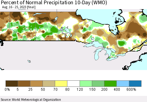 Canada Percent of Normal Precipitation 10-Day (WMO) Thematic Map For 8/16/2023 - 8/25/2023