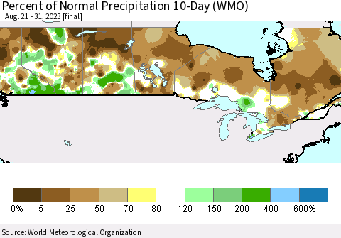 Canada Percent of Normal Precipitation 10-Day (WMO) Thematic Map For 8/21/2023 - 8/31/2023