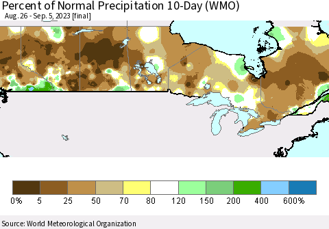 Canada Percent of Normal Precipitation 10-Day (WMO) Thematic Map For 8/26/2023 - 9/5/2023