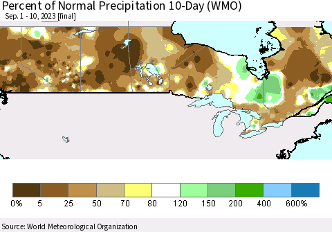 Canada Percent of Normal Precipitation 10-Day (WMO) Thematic Map For 9/1/2023 - 9/10/2023