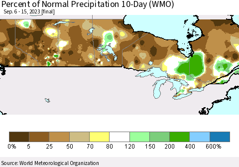 Canada Percent of Normal Precipitation 10-Day (WMO) Thematic Map For 9/6/2023 - 9/15/2023
