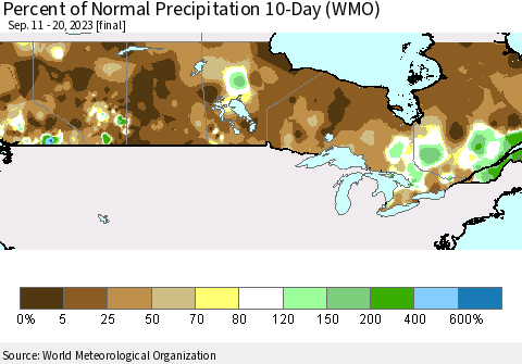 Canada Percent of Normal Precipitation 10-Day (WMO) Thematic Map For 9/11/2023 - 9/20/2023