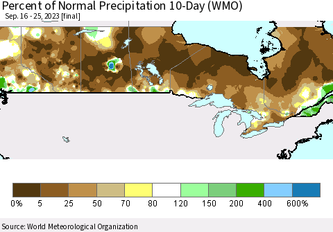 Canada Percent of Normal Precipitation 10-Day (WMO) Thematic Map For 9/16/2023 - 9/25/2023