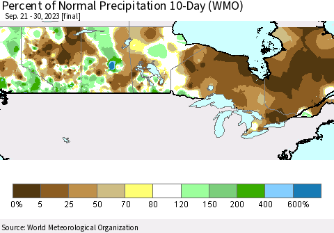 Canada Percent of Normal Precipitation 10-Day (WMO) Thematic Map For 9/21/2023 - 9/30/2023