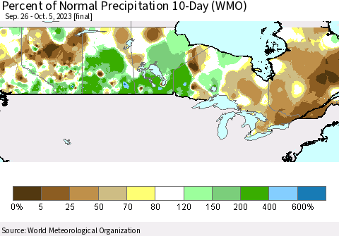 Canada Percent of Normal Precipitation 10-Day (WMO) Thematic Map For 9/26/2023 - 10/5/2023