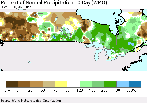 Canada Percent of Normal Precipitation 10-Day (WMO) Thematic Map For 10/1/2023 - 10/10/2023