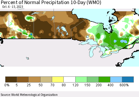 Canada Percent of Normal Precipitation 10-Day (WMO) Thematic Map For 10/6/2023 - 10/15/2023