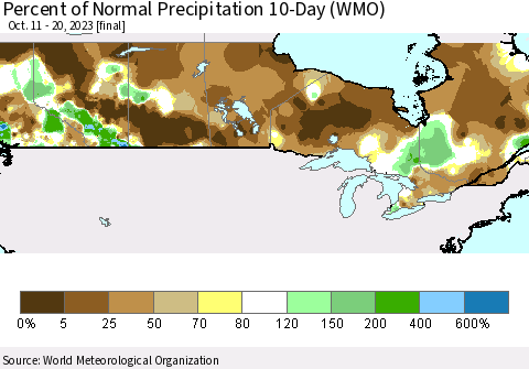 Canada Percent of Normal Precipitation 10-Day (WMO) Thematic Map For 10/11/2023 - 10/20/2023