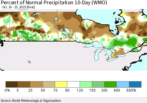 Canada Percent of Normal Precipitation 10-Day (WMO) Thematic Map For 10/16/2023 - 10/25/2023