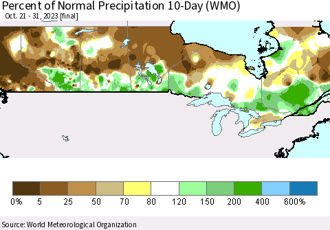 Canada Percent of Normal Precipitation 10-Day (WMO) Thematic Map For 10/21/2023 - 10/31/2023