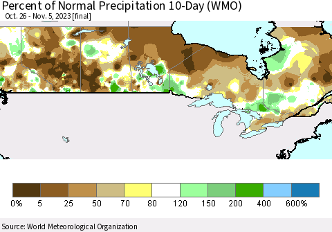 Canada Percent of Normal Precipitation 10-Day (WMO) Thematic Map For 10/26/2023 - 11/5/2023