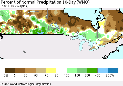 Canada Percent of Normal Precipitation 10-Day (WMO) Thematic Map For 11/1/2023 - 11/10/2023