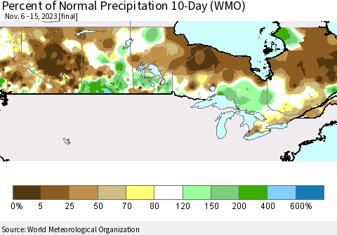 Canada Percent of Normal Precipitation 10-Day (WMO) Thematic Map For 11/6/2023 - 11/15/2023