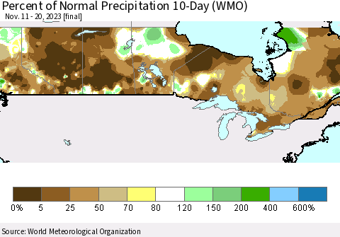 Canada Percent of Normal Precipitation 10-Day (WMO) Thematic Map For 11/11/2023 - 11/20/2023