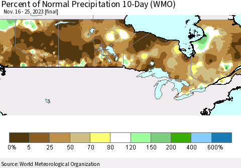 Canada Percent of Normal Precipitation 10-Day (WMO) Thematic Map For 11/16/2023 - 11/25/2023