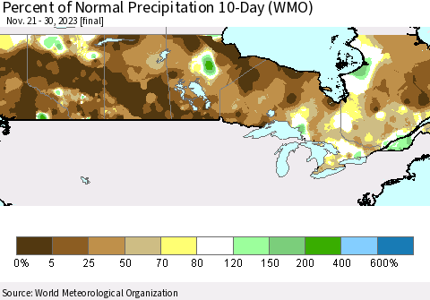 Canada Percent of Normal Precipitation 10-Day (WMO) Thematic Map For 11/21/2023 - 11/30/2023