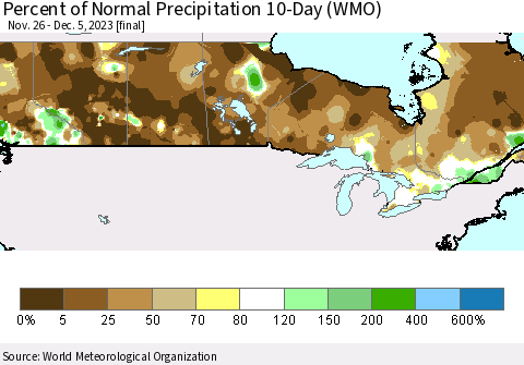 Canada Percent of Normal Precipitation 10-Day (WMO) Thematic Map For 11/26/2023 - 12/5/2023