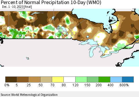 Canada Percent of Normal Precipitation 10-Day (WMO) Thematic Map For 12/1/2023 - 12/10/2023