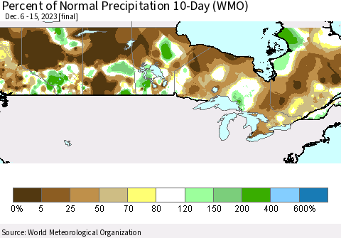 Canada Percent of Normal Precipitation 10-Day (WMO) Thematic Map For 12/6/2023 - 12/15/2023