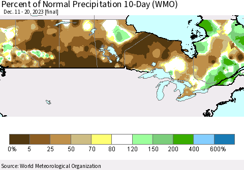 Canada Percent of Normal Precipitation 10-Day (WMO) Thematic Map For 12/11/2023 - 12/20/2023