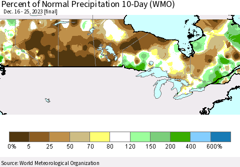Canada Percent of Normal Precipitation 10-Day (WMO) Thematic Map For 12/16/2023 - 12/25/2023