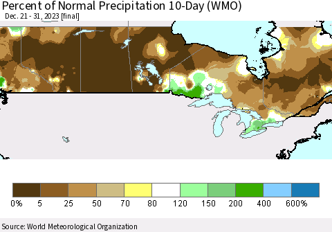 Canada Percent of Normal Precipitation 10-Day (WMO) Thematic Map For 12/21/2023 - 12/31/2023