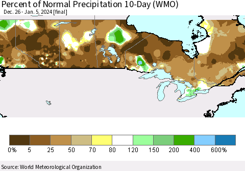 Canada Percent of Normal Precipitation 10-Day (WMO) Thematic Map For 12/26/2023 - 1/5/2024