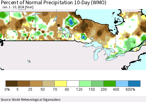 Canada Percent of Normal Precipitation 10-Day (WMO) Thematic Map For 1/1/2024 - 1/10/2024
