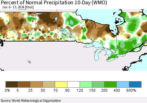 Canada Percent of Normal Precipitation 10-Day (WMO) Thematic Map For 1/6/2024 - 1/15/2024