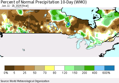 Canada Percent of Normal Precipitation 10-Day (WMO) Thematic Map For 1/11/2024 - 1/20/2024