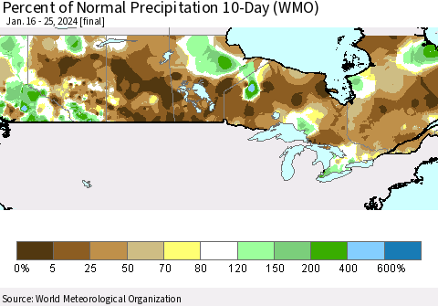 Canada Percent of Normal Precipitation 10-Day (WMO) Thematic Map For 1/16/2024 - 1/25/2024