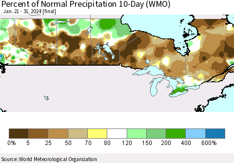 Canada Percent of Normal Precipitation 10-Day (WMO) Thematic Map For 1/21/2024 - 1/31/2024